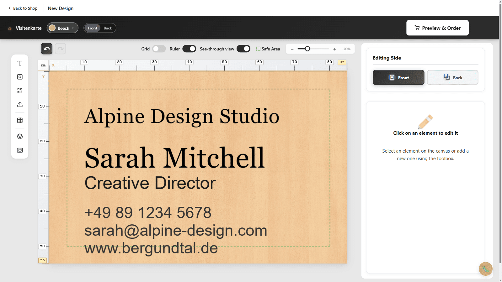 Etchify Canvas Editor — Visitenkarte mit Text, QR-Code und Gravur-Vorschau