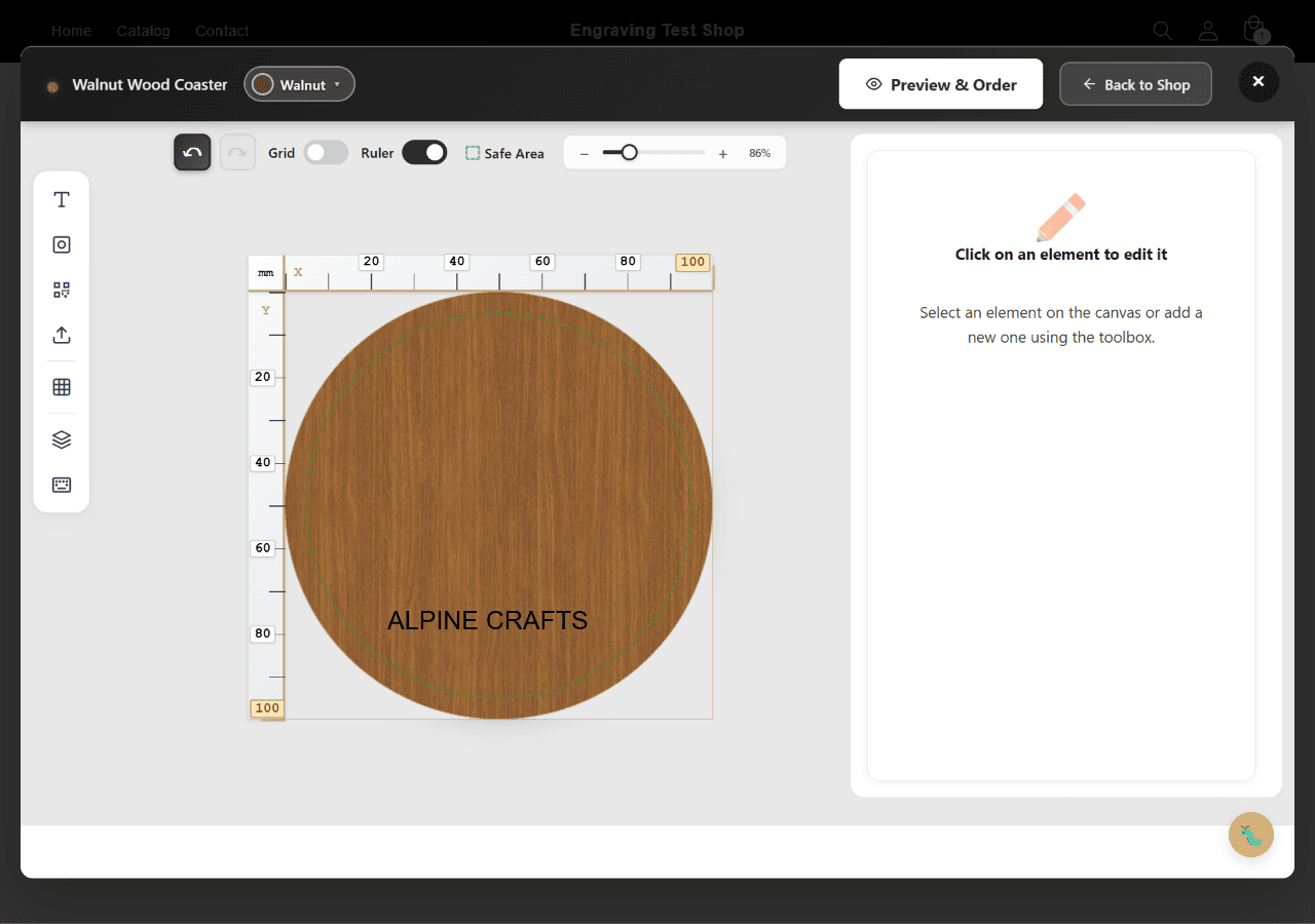 Canvas Editor — fertiger Untersetzer mit Logo-Gravur